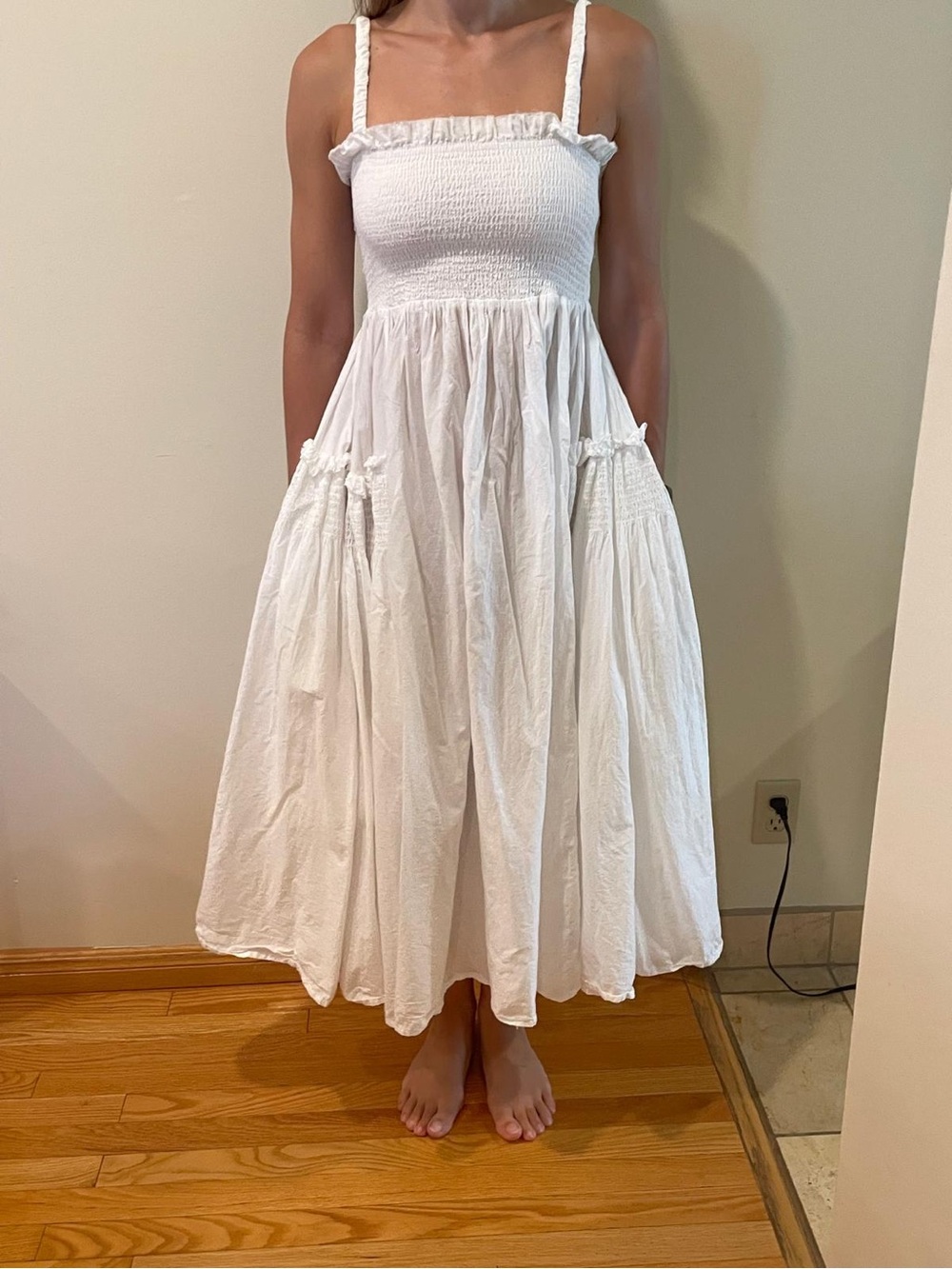 White Smocked Waist Dress with “Pockets”
